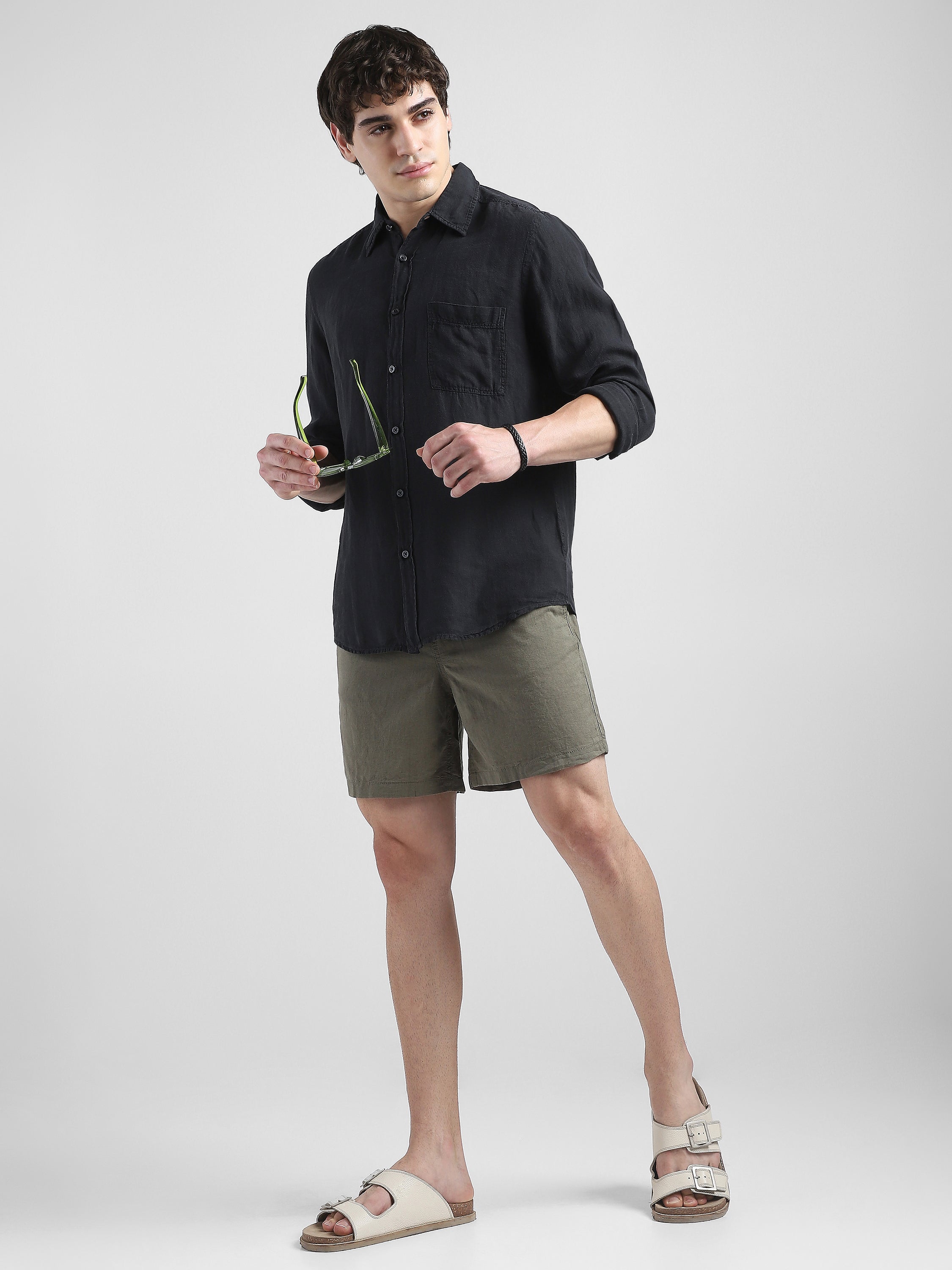Men 100% Linen Black Regular Fit Shirt