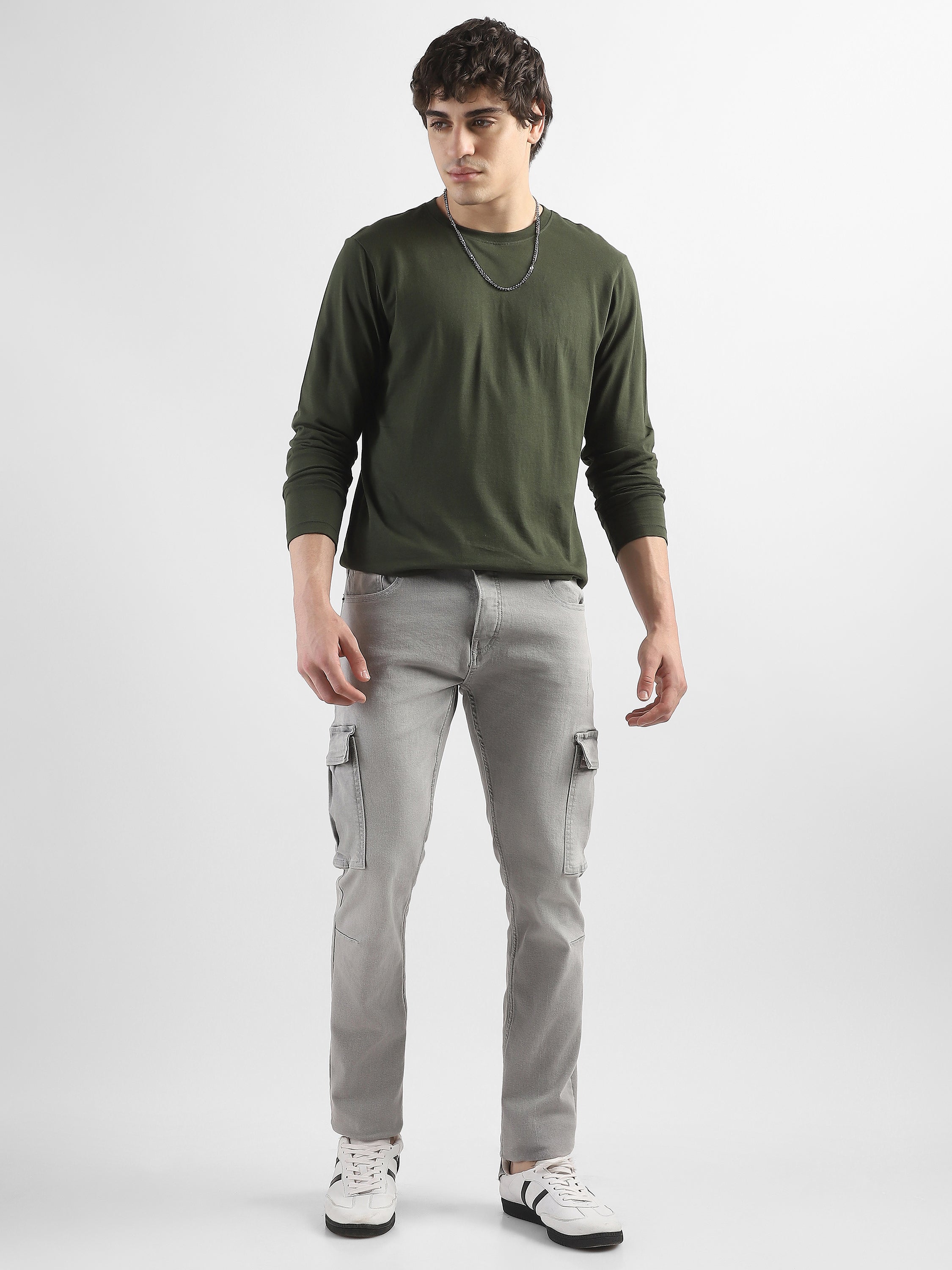 Men Grey Denim Mid Rise Cargo Pants