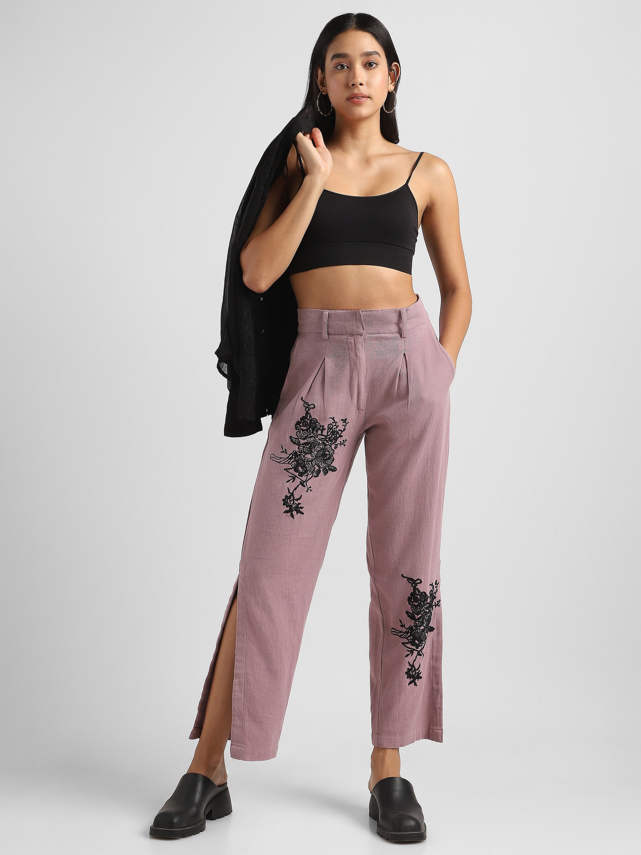 Women Pink Embroidered Pants with Slit