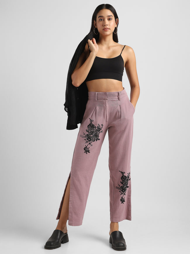 Women Pink Embroidered Pants with Slit