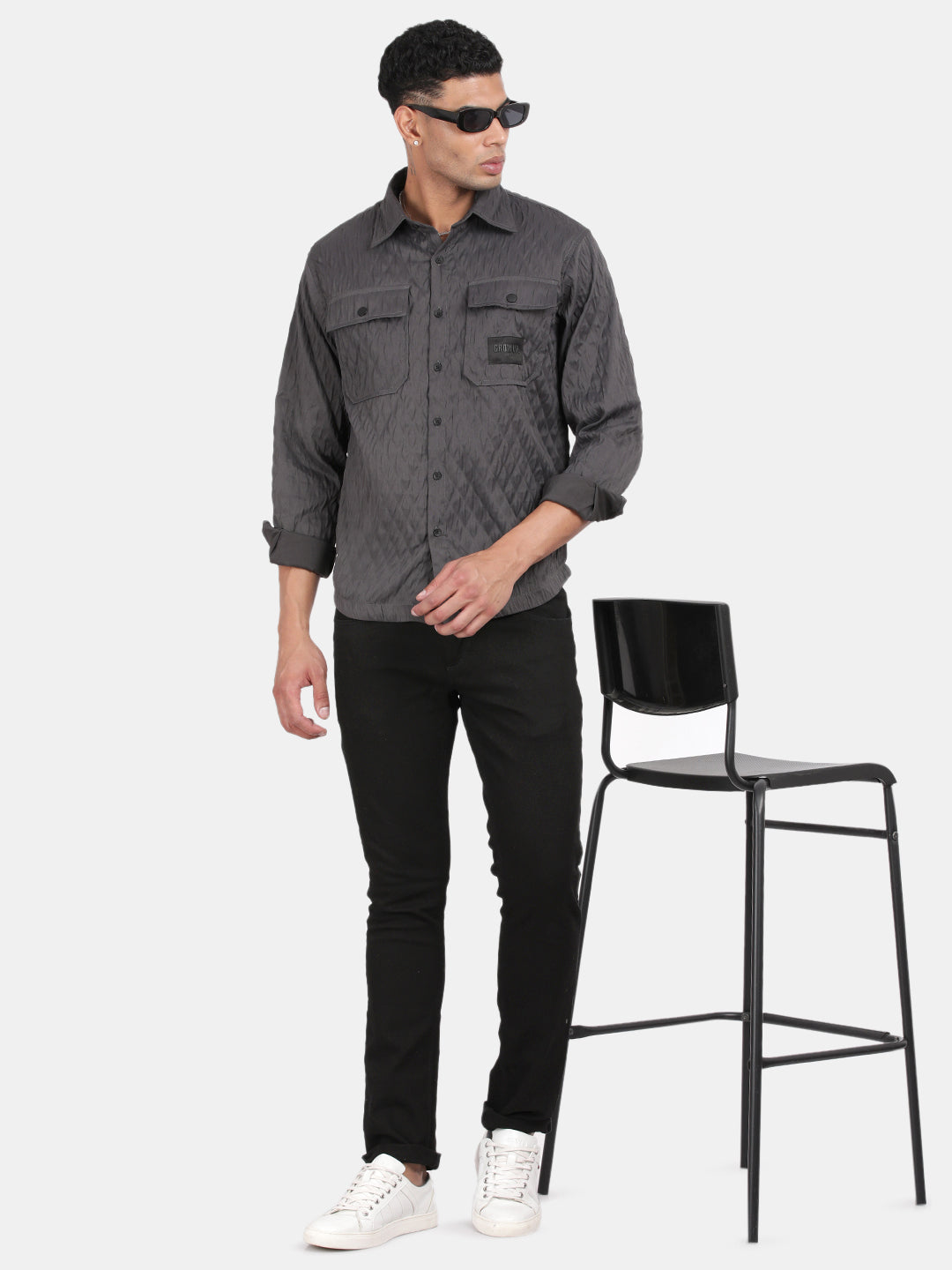 Men Dark Grey Slim Fit Spread Collar Full Sleeve Casual Shirt