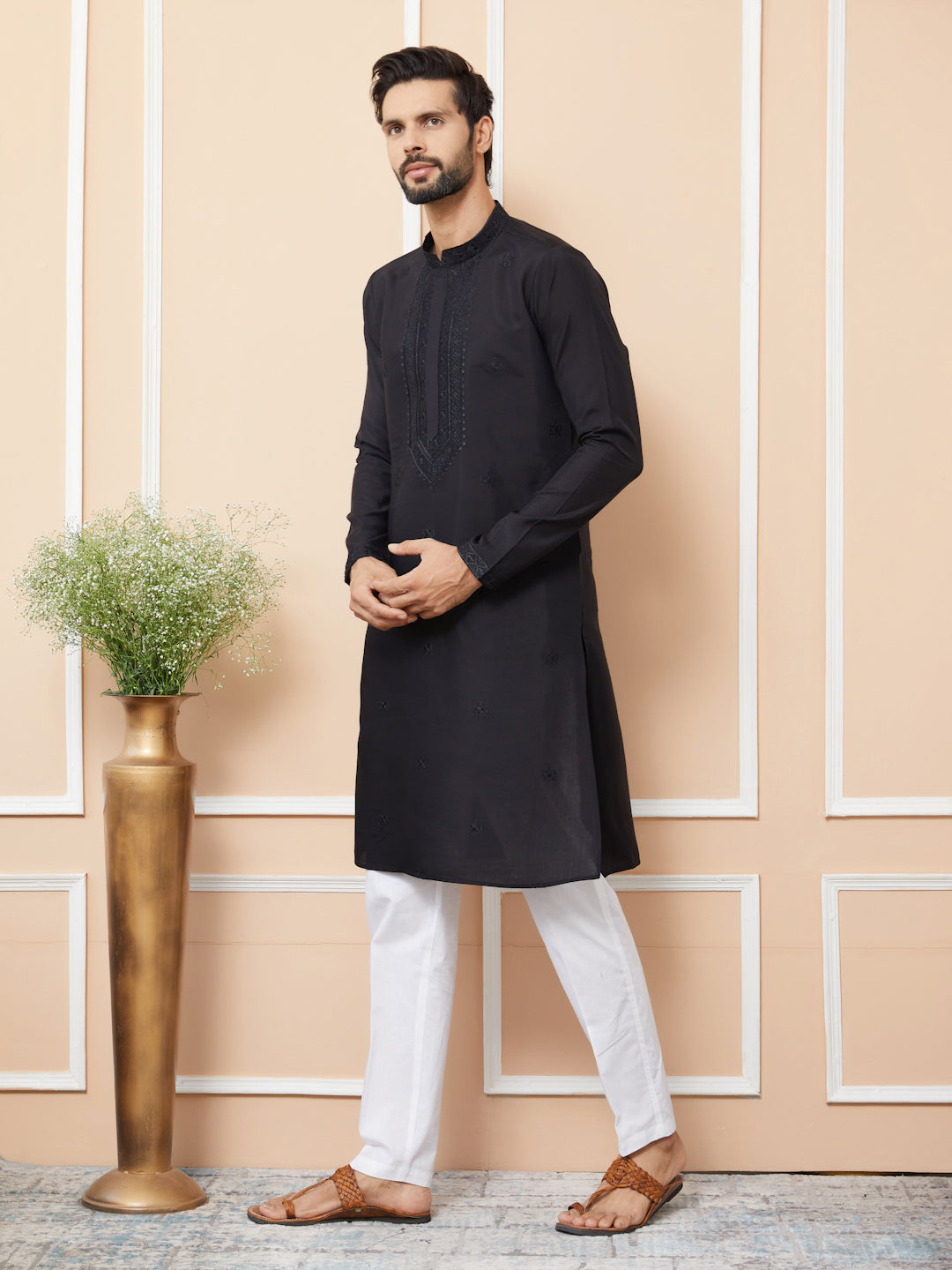 Men Black Embroidered Chanderi Silk Straight Kurta