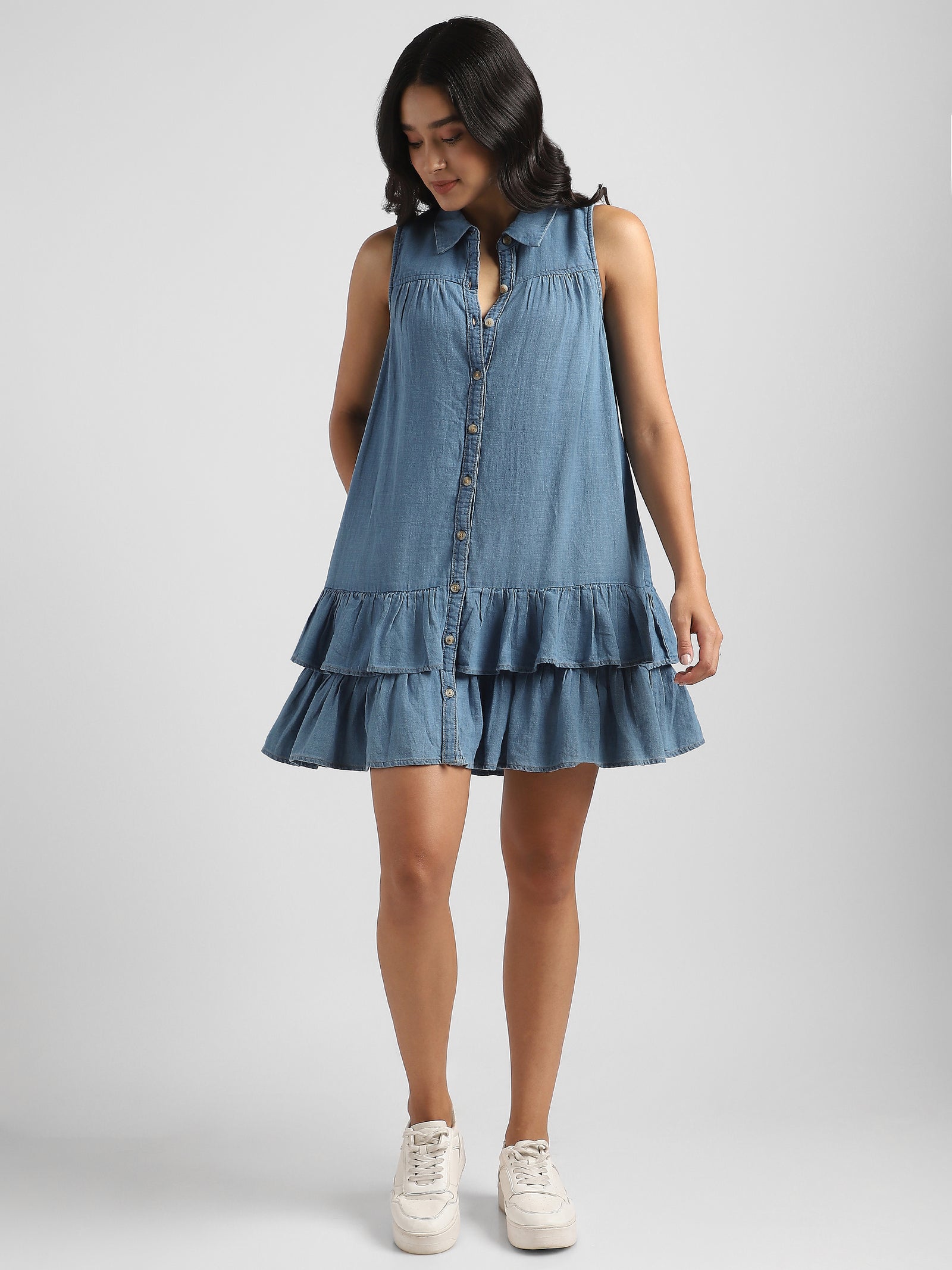 Women Blue Denim dress with bottom Frill