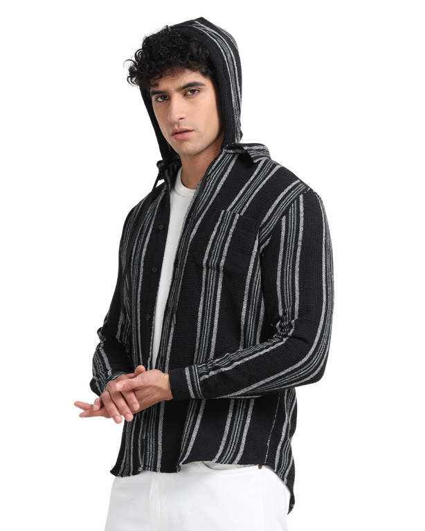 Men Striped Long Sleeve Hooded Casual Shirt