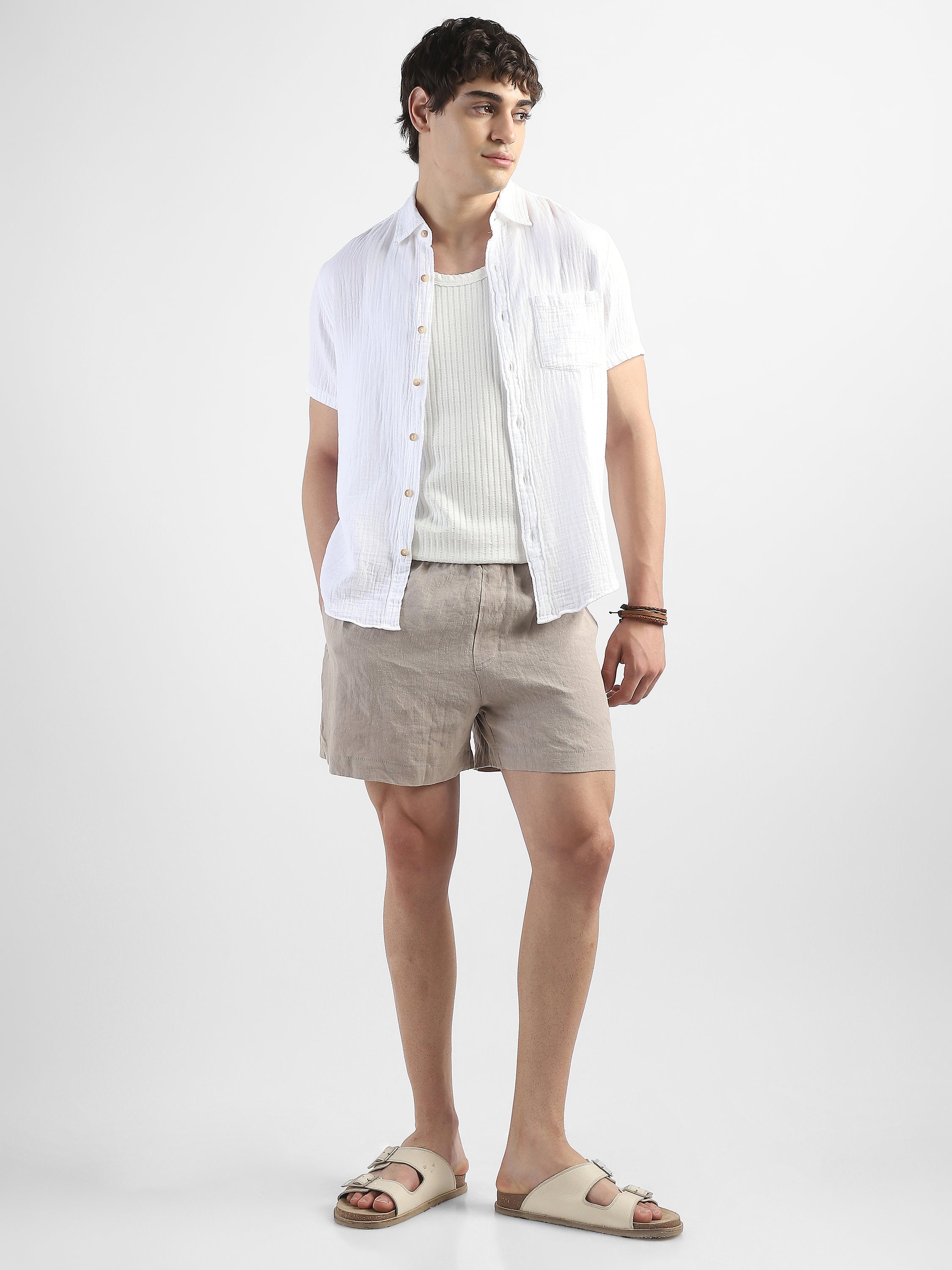 Men Beige Cotton Linen Shorts