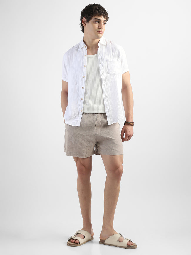 Men Beige Cotton Linen Shorts