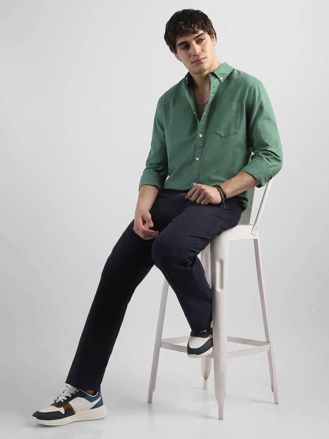 Men Green Regular Fit Spread Collar Shirt