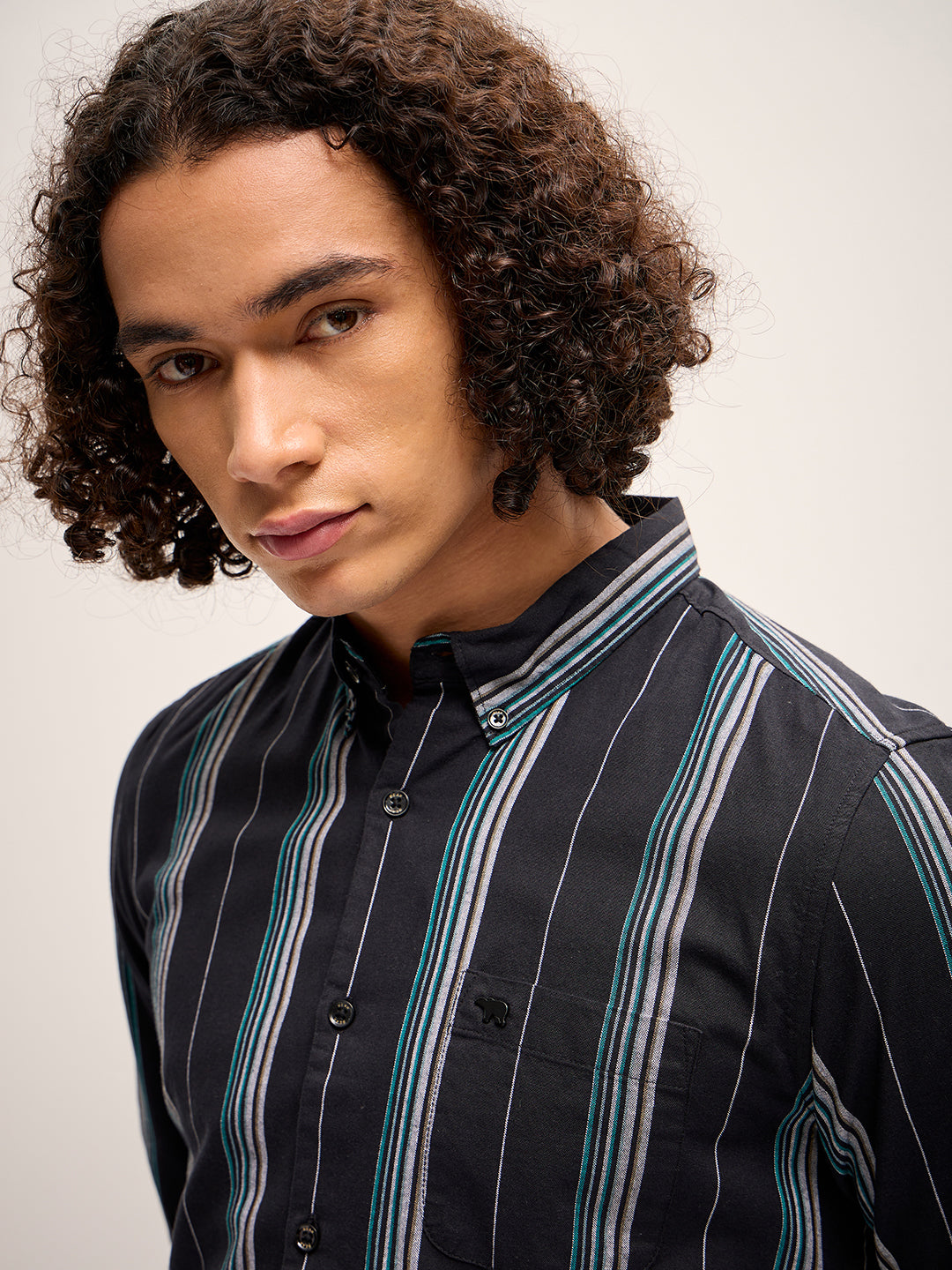 Men Black Stripe Slim Fit Casual Shirt