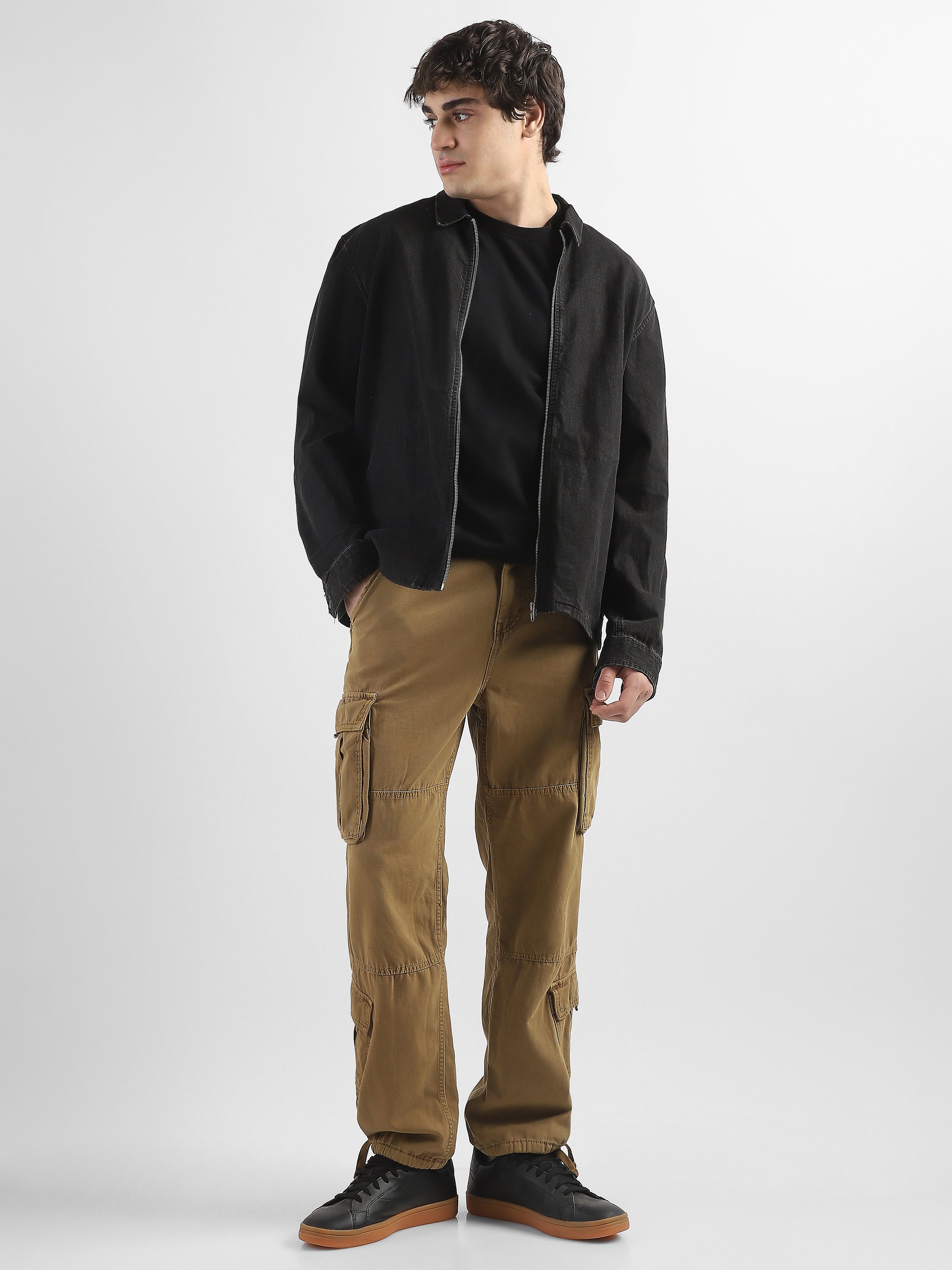 Men Khaki Cotton Blend Cargo Pants with 8 Pockets