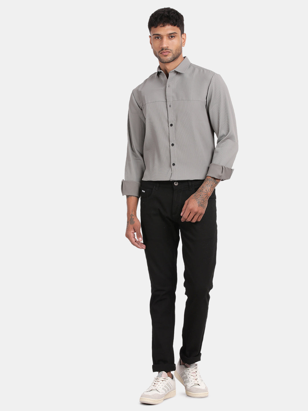 Men Silver Slim Fit Spread Collar Full Sleeve Casual Shirt