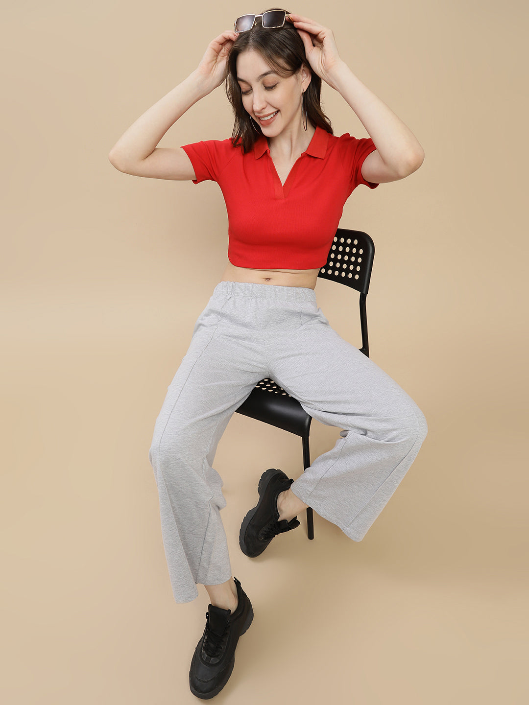 Women Red Polo Neck Crop Top