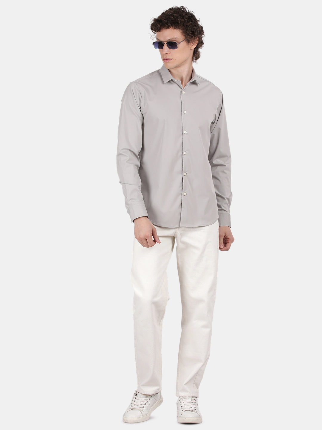 Men Silver Slim Fit Spread Collar Full Sleeve Casual Shirt