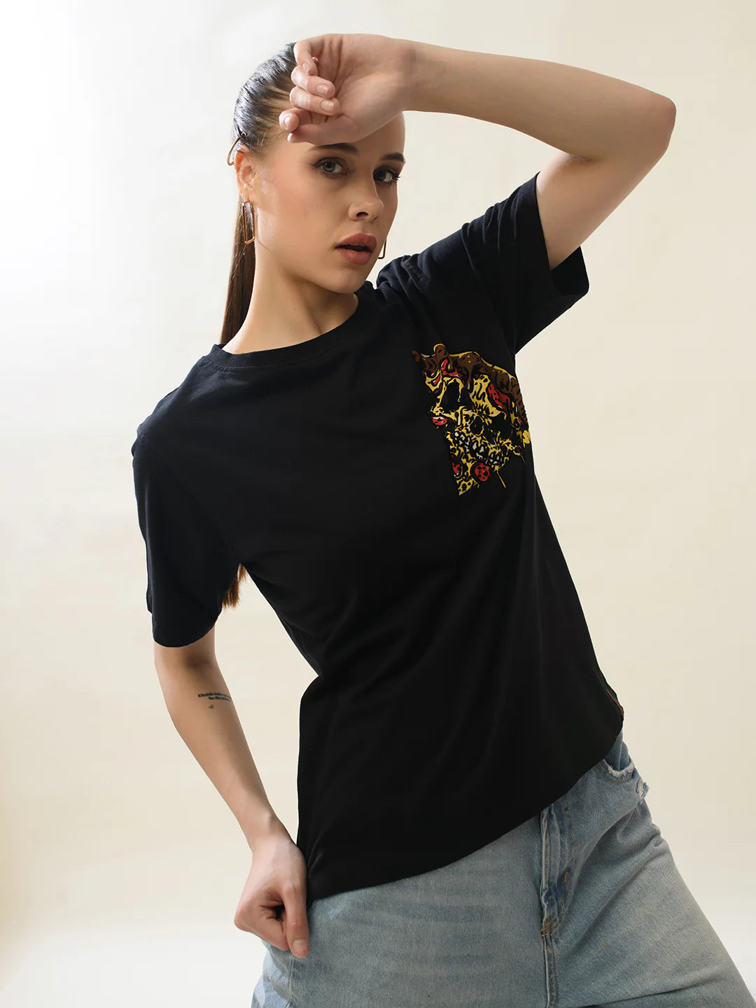 Women Black Cotton Relaxed T-Shirt