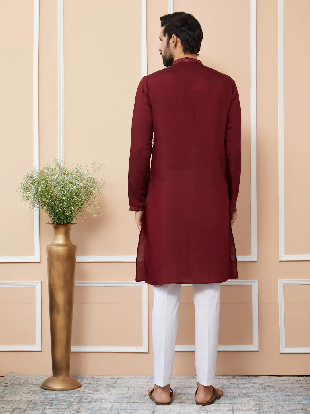 Men Maroon Embroidered Chanderi Silk Straight Kurta