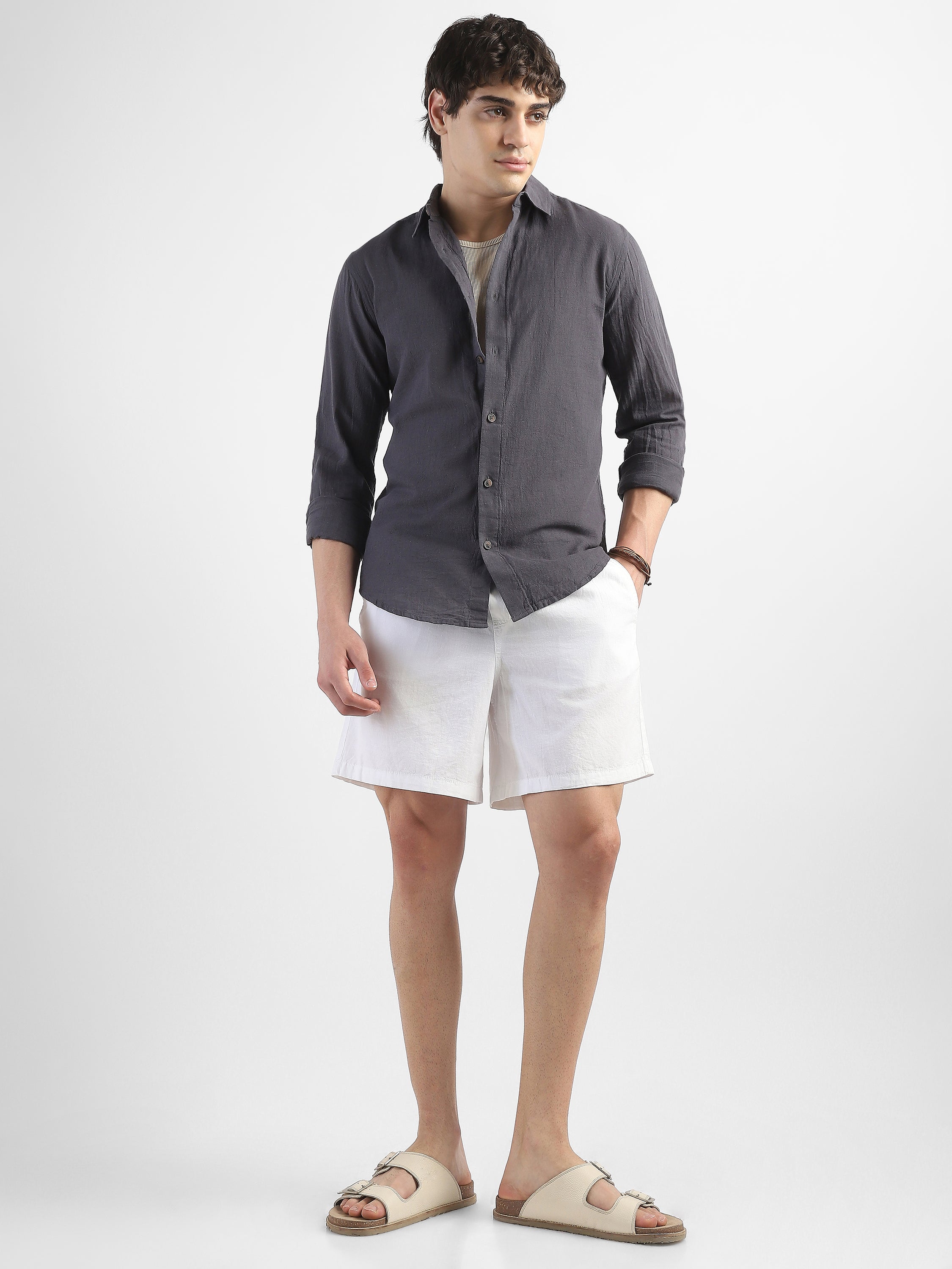 Men Linen Blend Dark Grey Shirt
