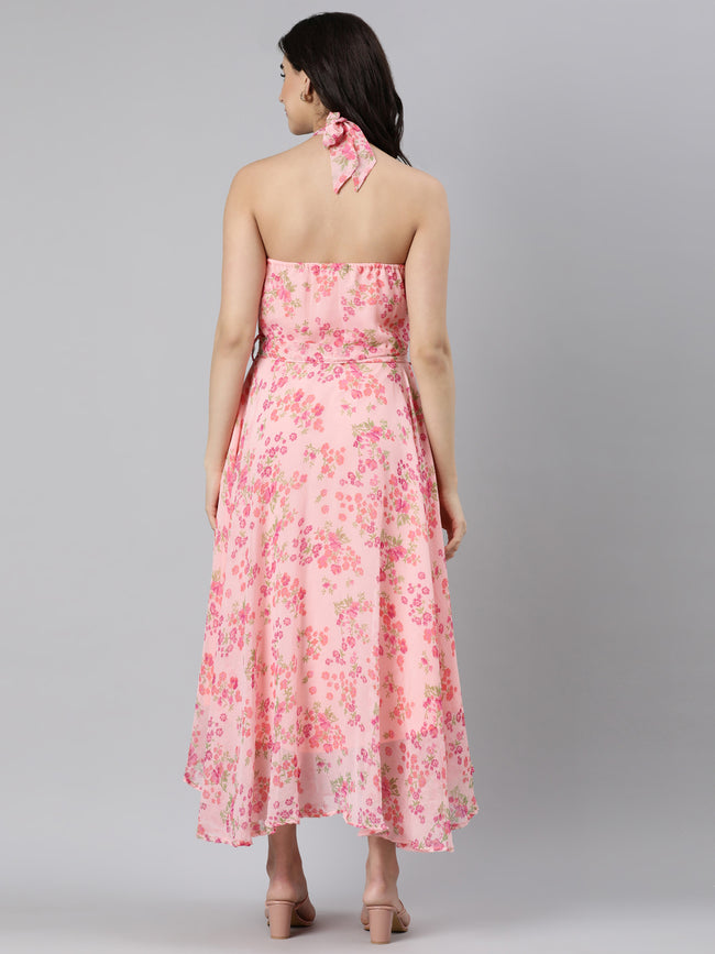 Women Pink Floral Chiffon Dress