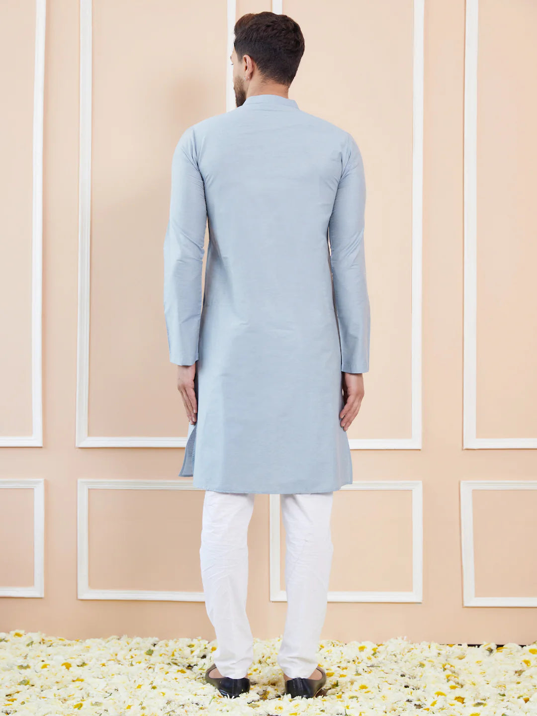 Men Blue Cotton Solid Straight Kurta