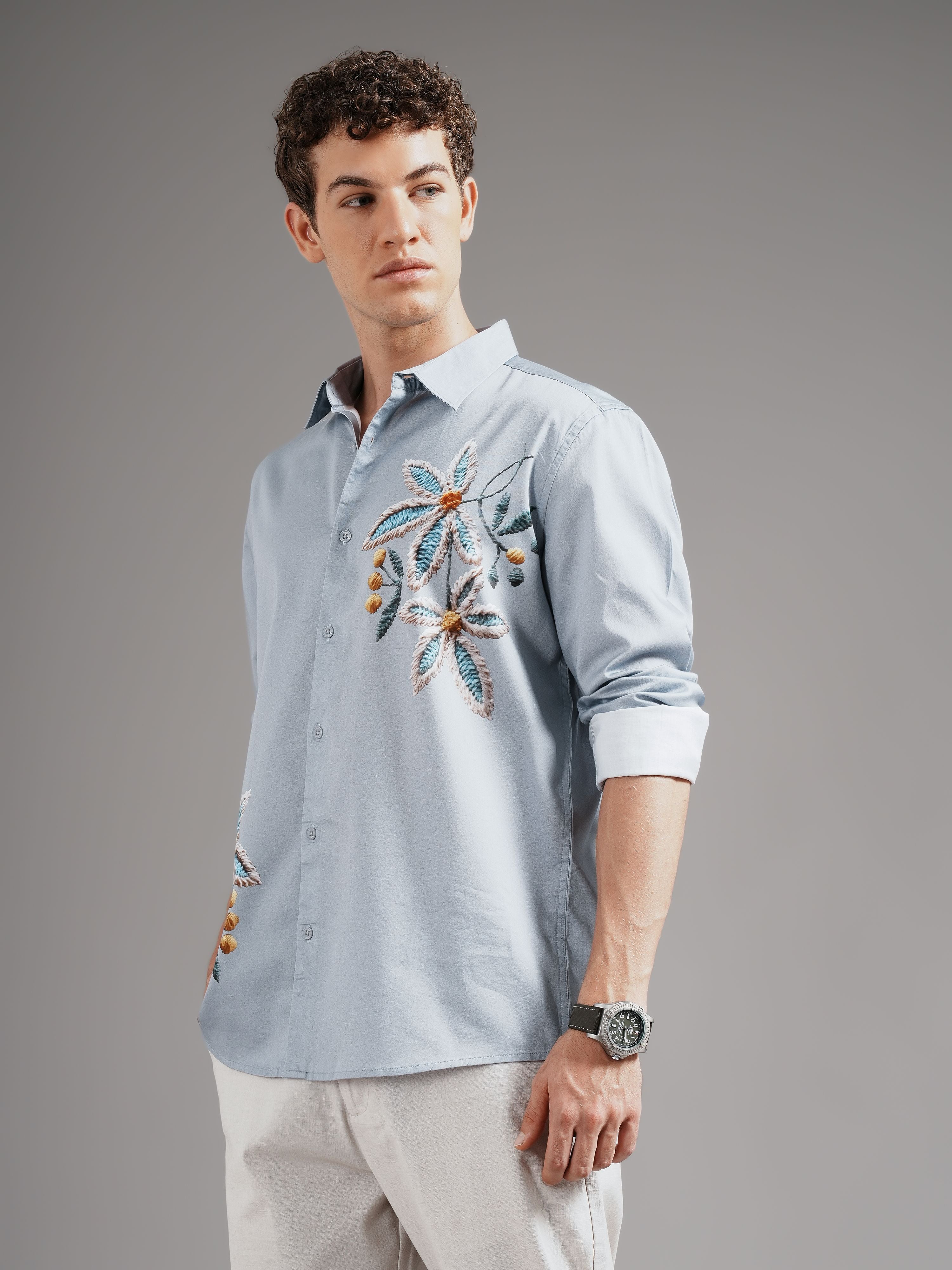 Men Grey Casual Printed Shirt