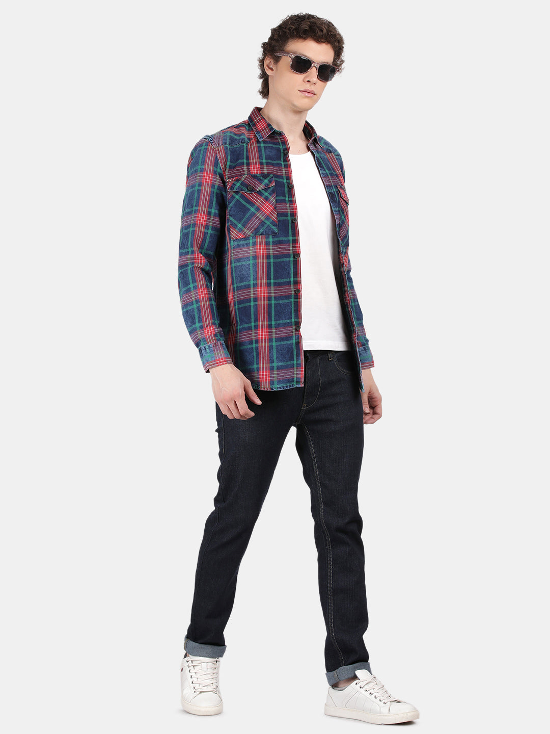 Men Blue Slim Fit Spread Collar Full Sleeve Casual Shirt