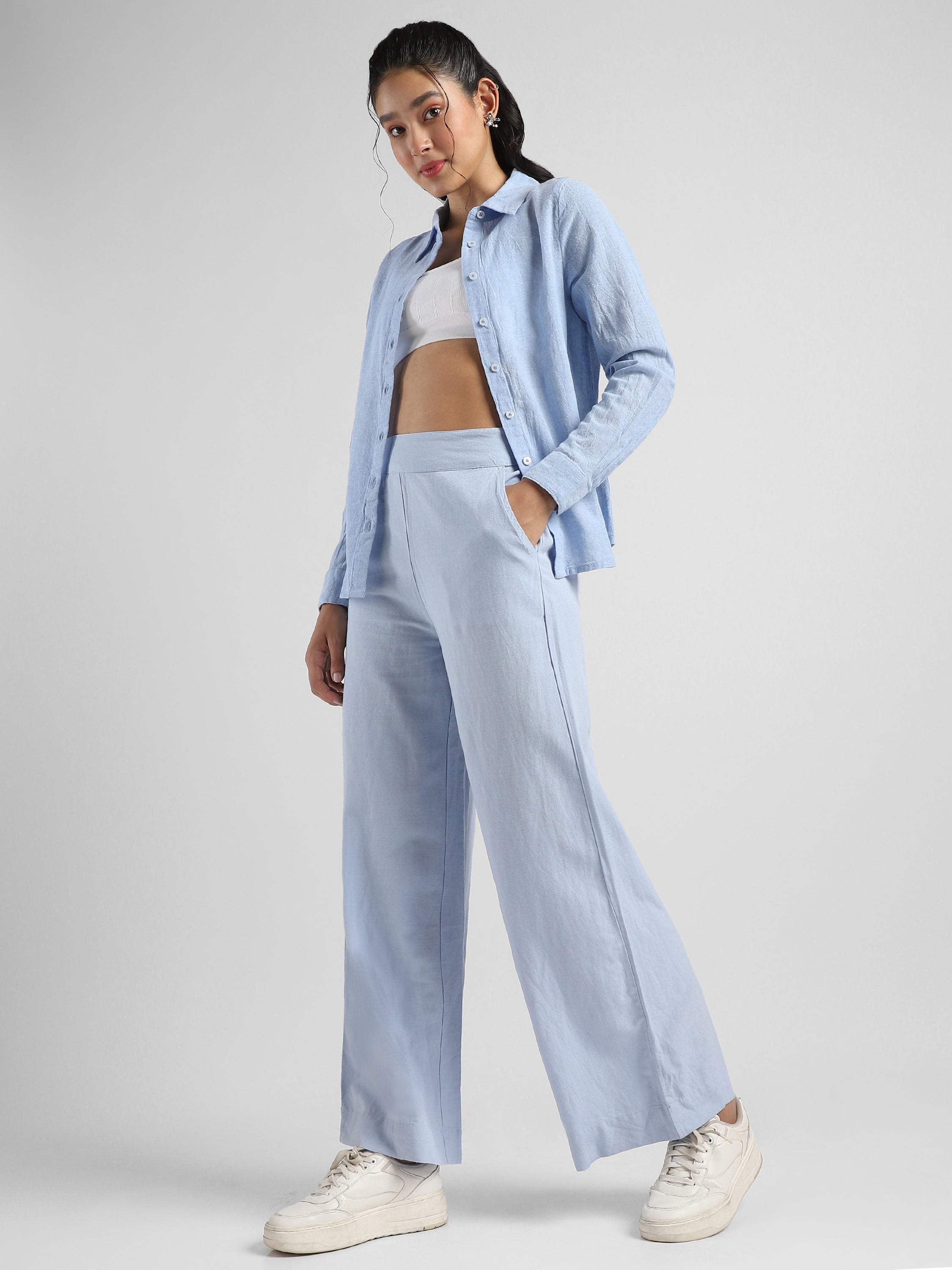 Women Blue Linen Blend Straight Pants