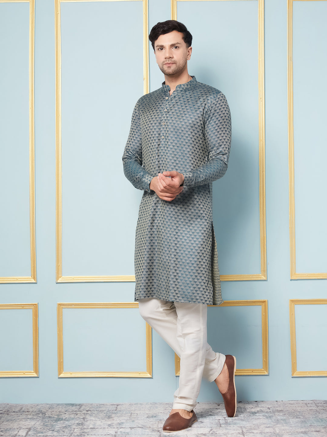 Men Green Woven Design Thread Work Kurta