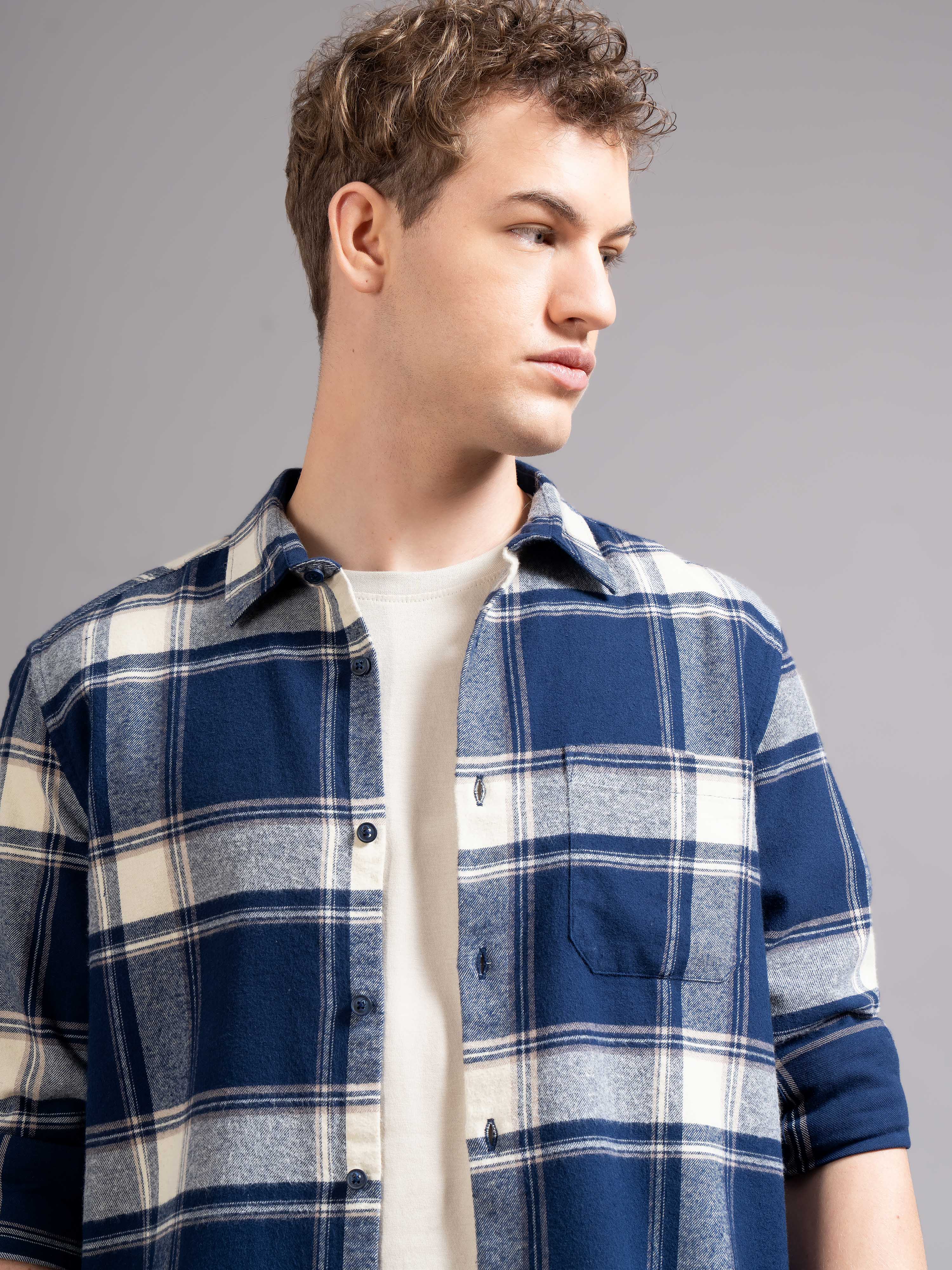 Men Navy Blue Flannel Checked Shirt