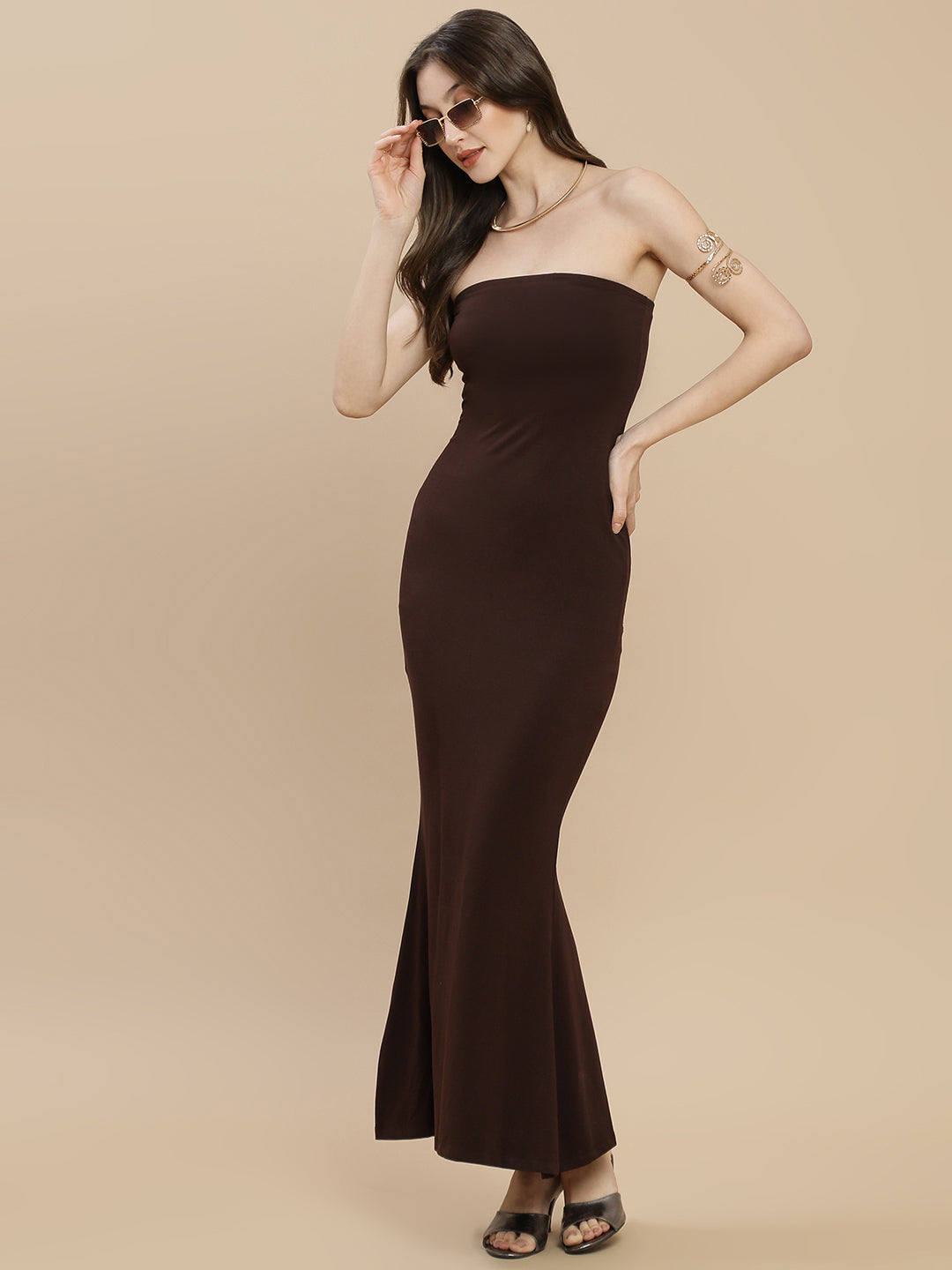 Women Brown Tube Dress With Back Slit
