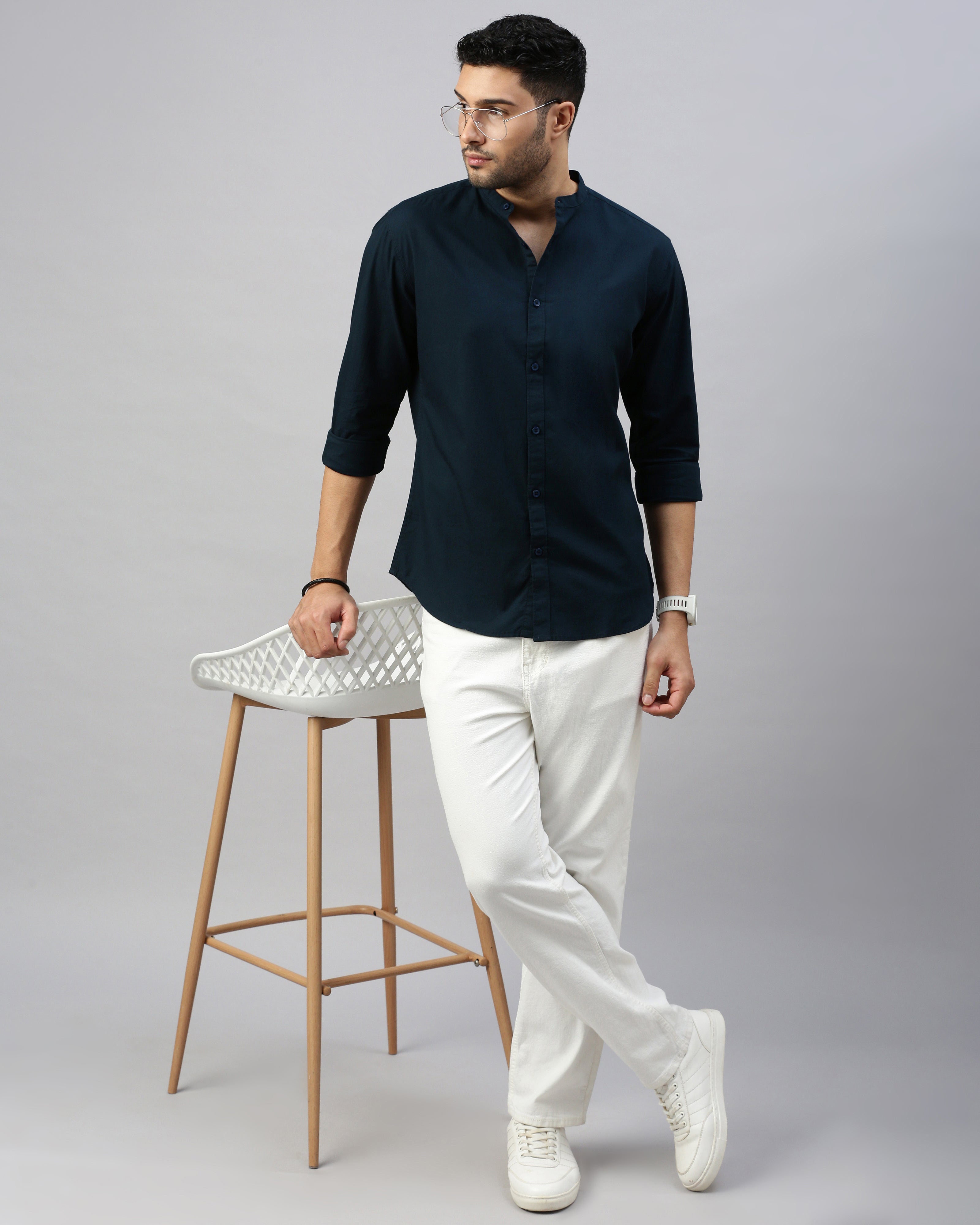 Men Navy Blue Cotton Slim Shirt