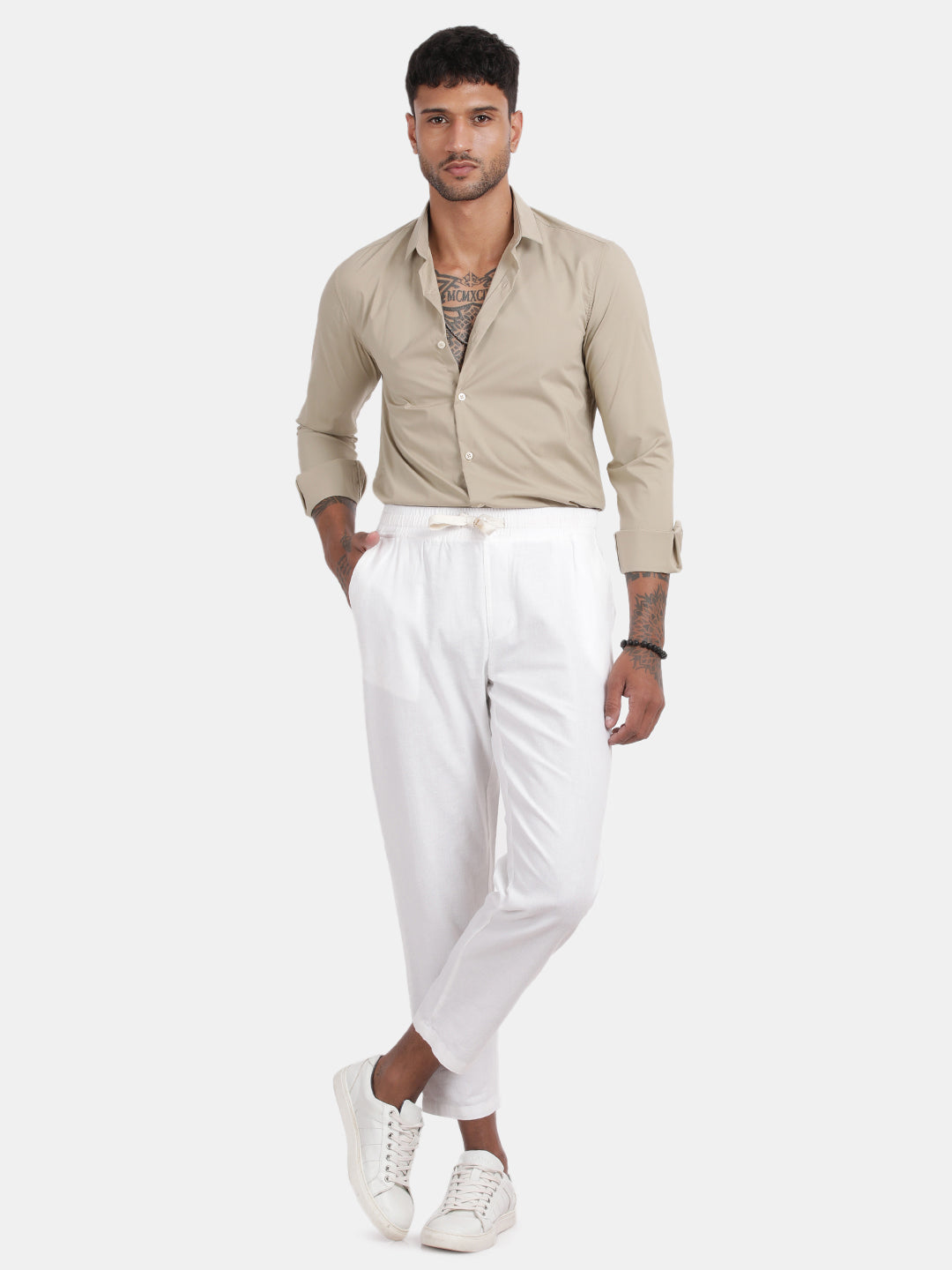 Men Dark cream Slim Fit Spread Collar Full Sleeve Casual Shirt