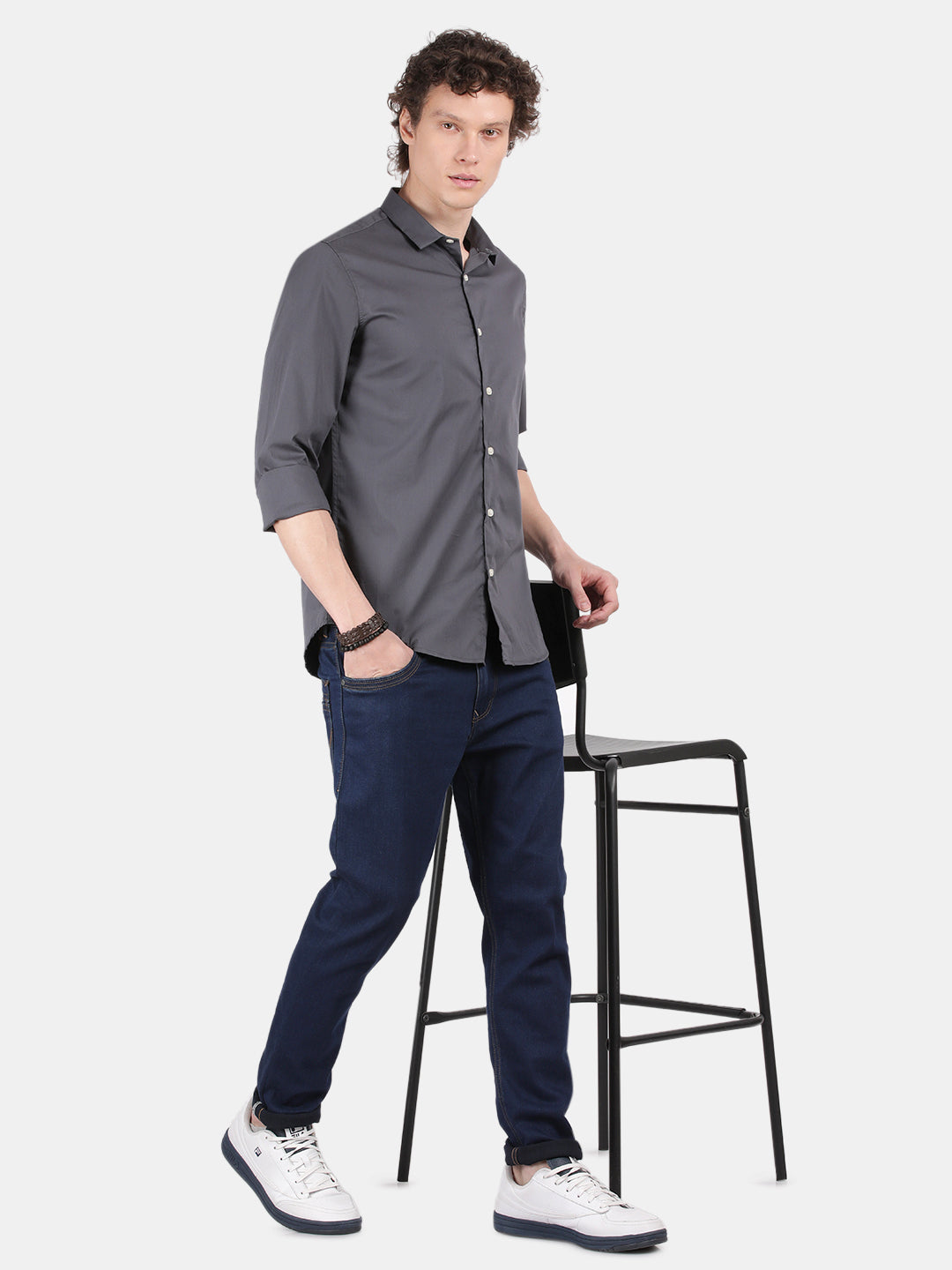 Men Dark Grey Slim Fit Spread Collar Full Sleeve Casual Shirt