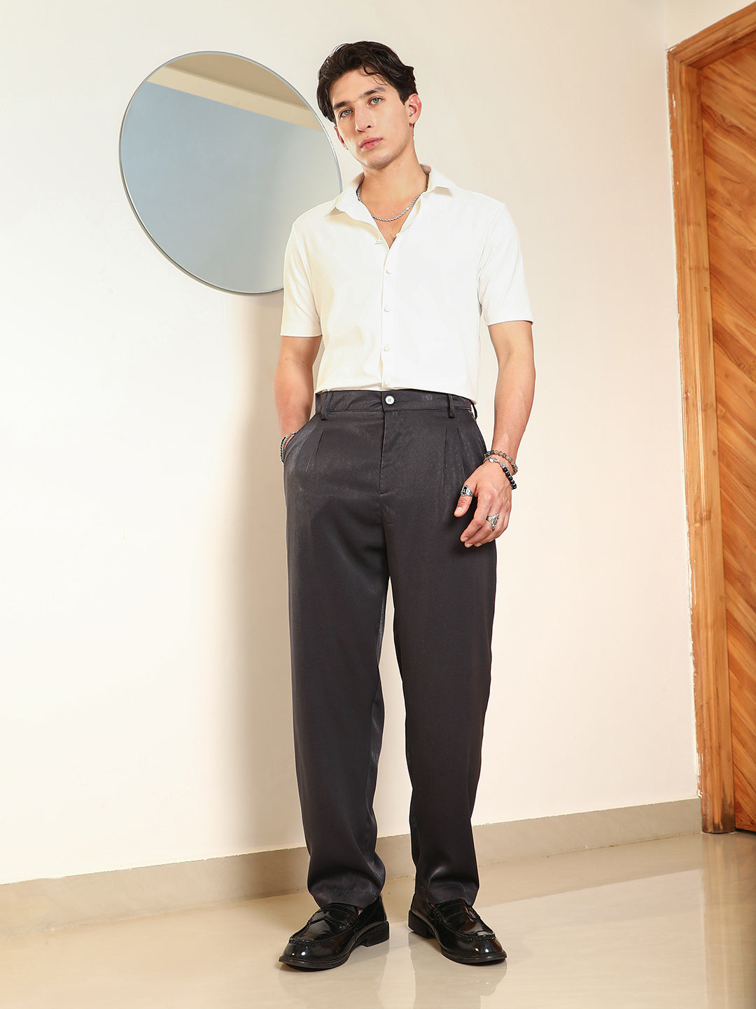 Men Light Weight Black Pleated Trousers