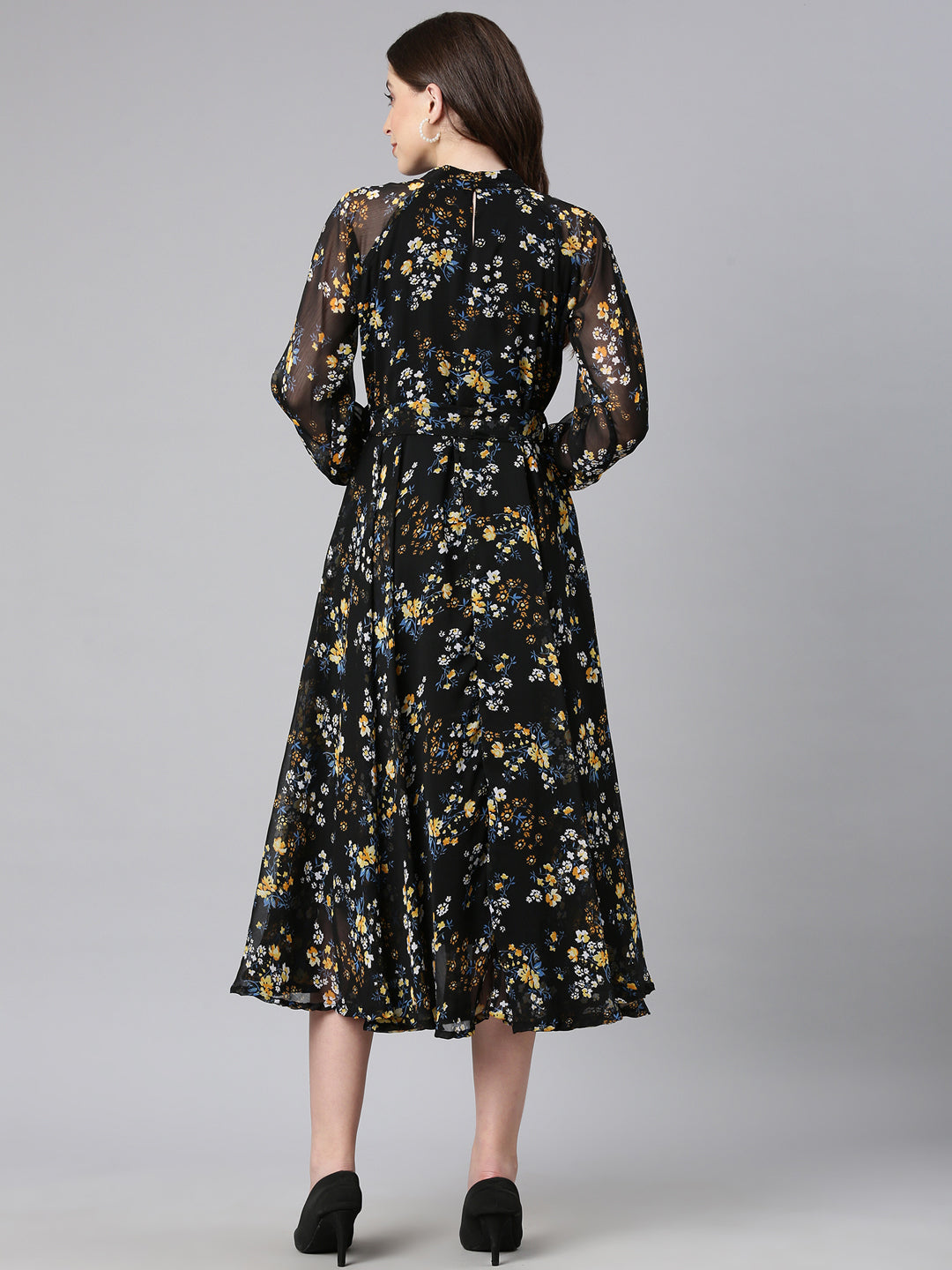 Women Black Floral Chiffon Dress
