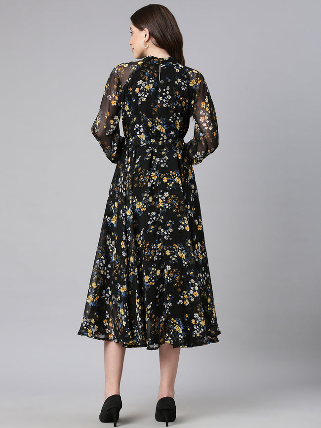Women Black Floral Chiffon Dress