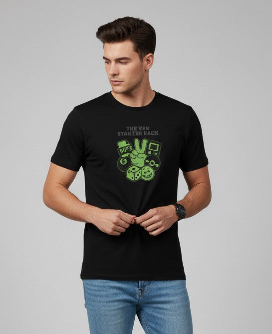 Men Printed Black Cotton Tshirt