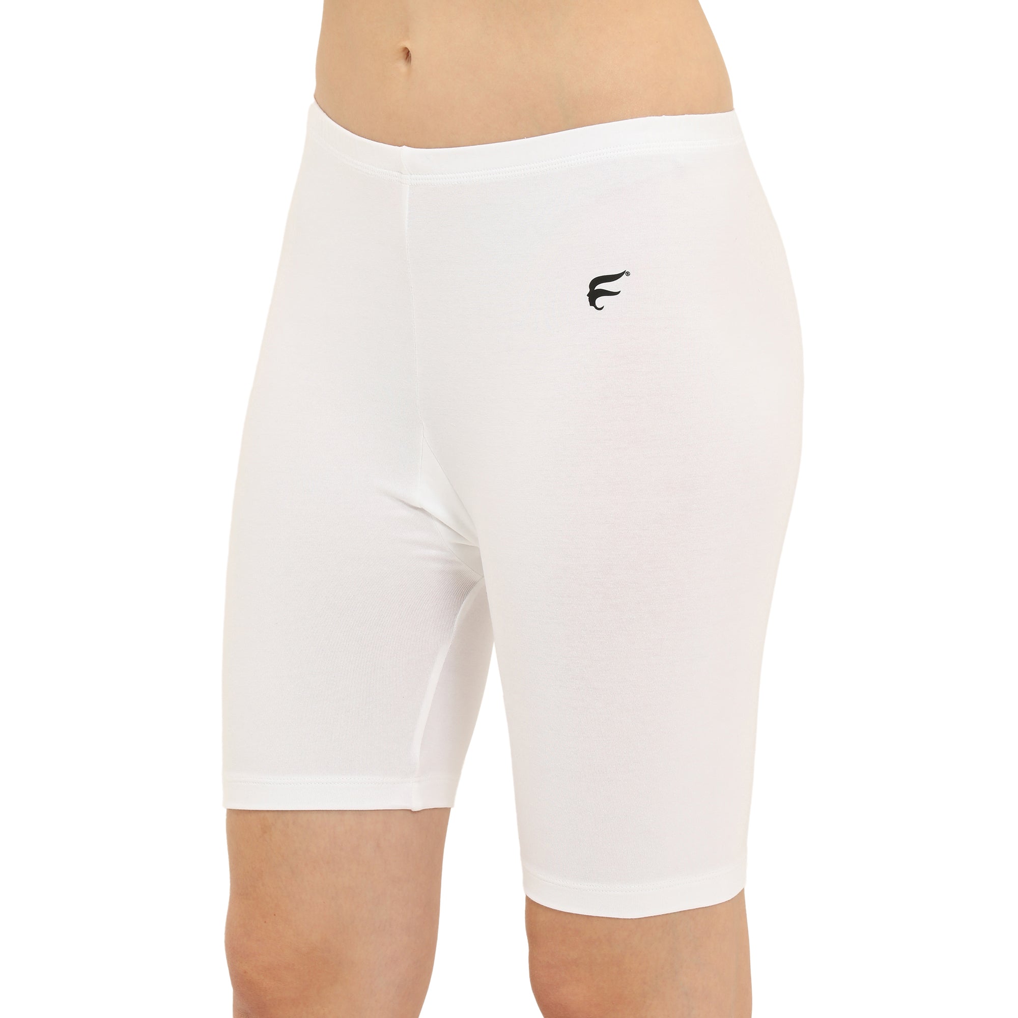 Women White Thigh Length Cycling Shorts