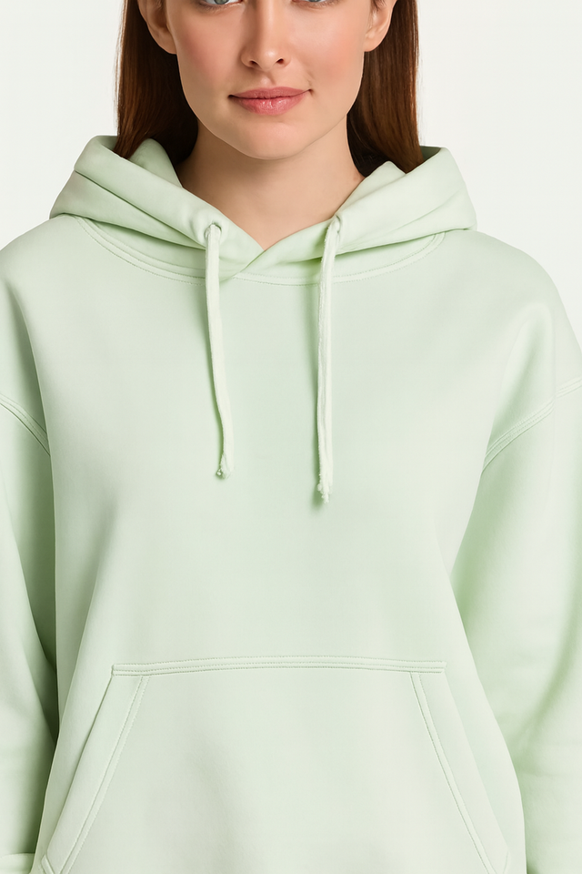 Women Green Solid Cotton Pullover Hoodie
