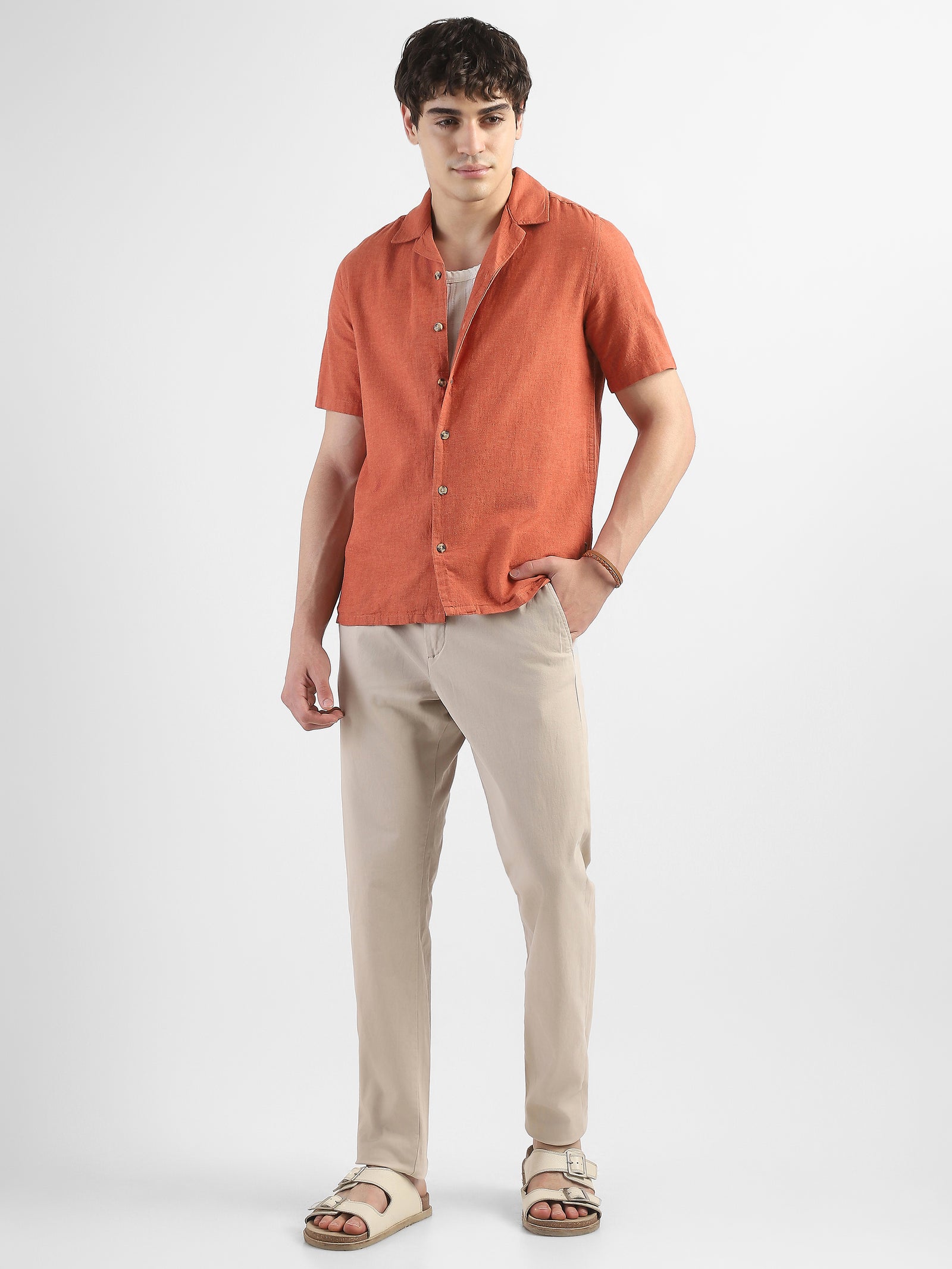 Men Orange Spread Collar Cotton Blend Shirt