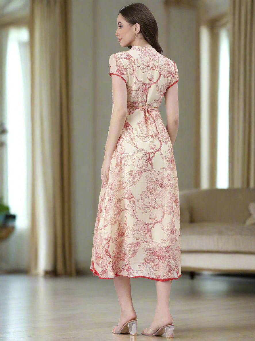 Women Cream Floral Tiered Midi Dress