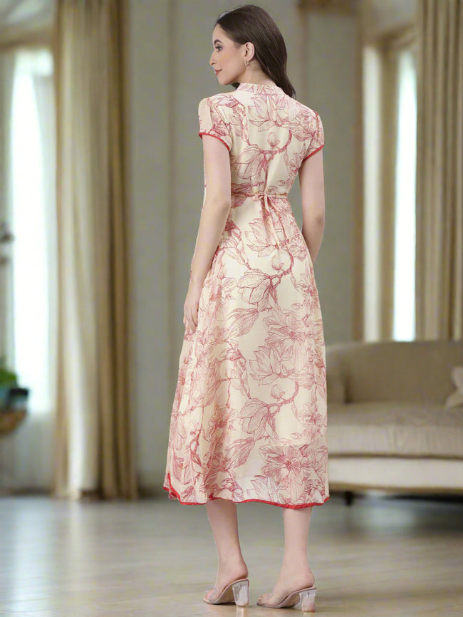 Women Cream Floral Tiered Midi Dress