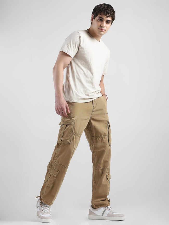 Men Beige Cotton Blend Cargo Pants with 8 Pockets