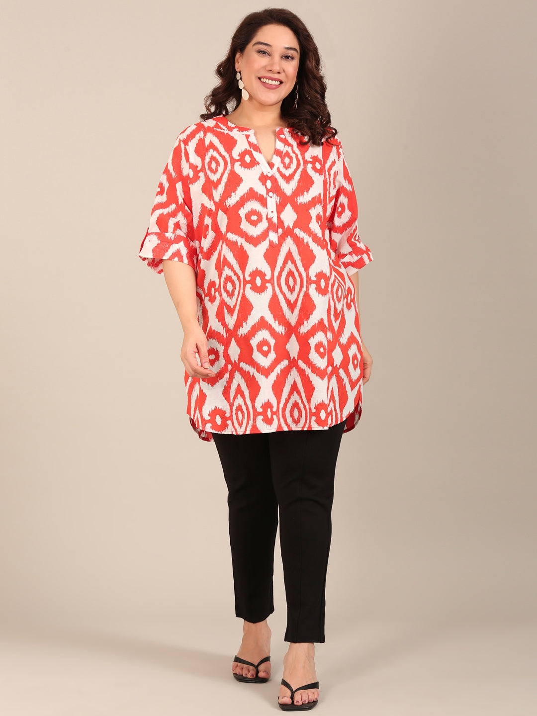 Women Orange Ikkat Printed Tunic