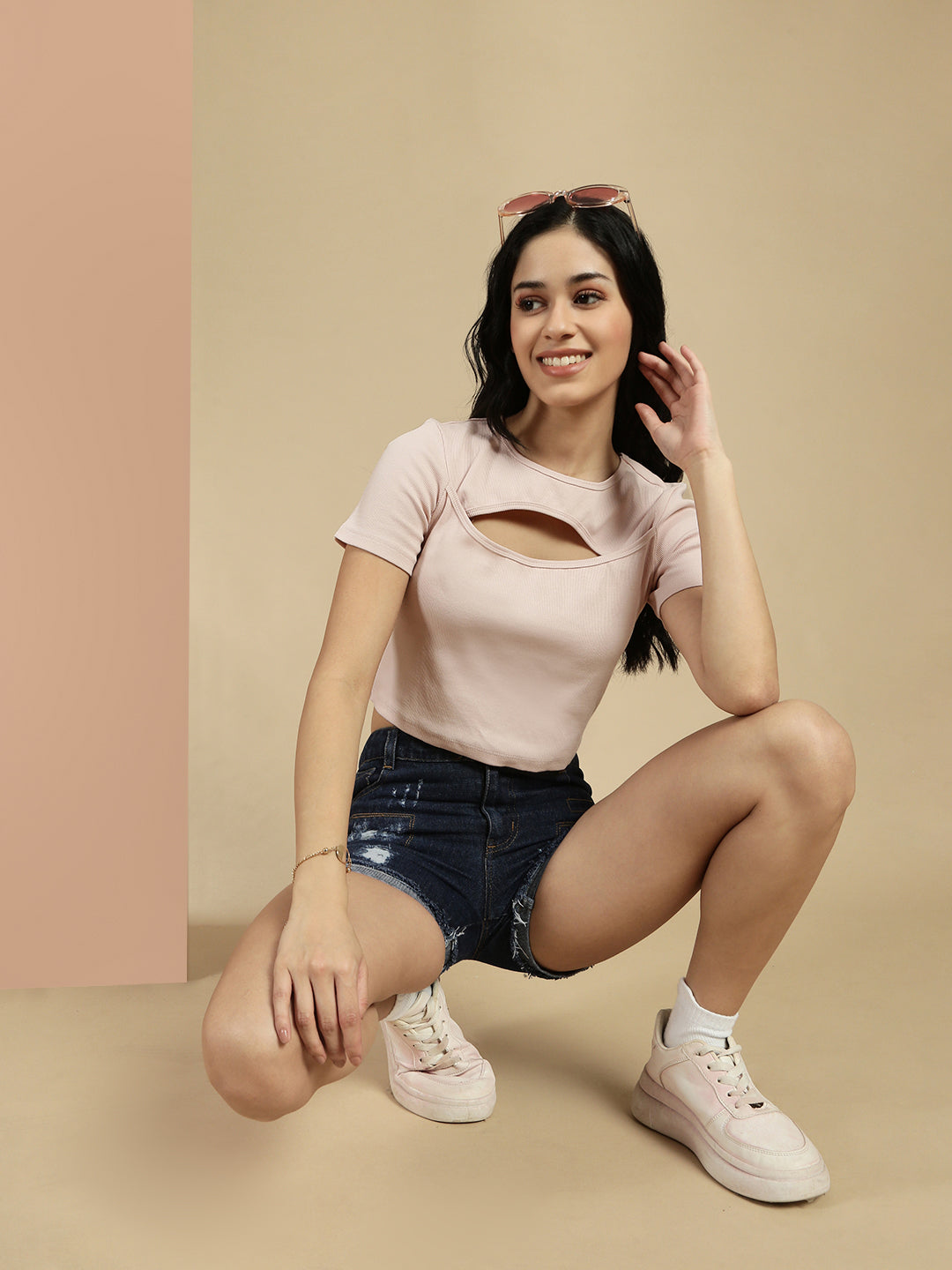 Women Pink Half Sleeve Crop Top