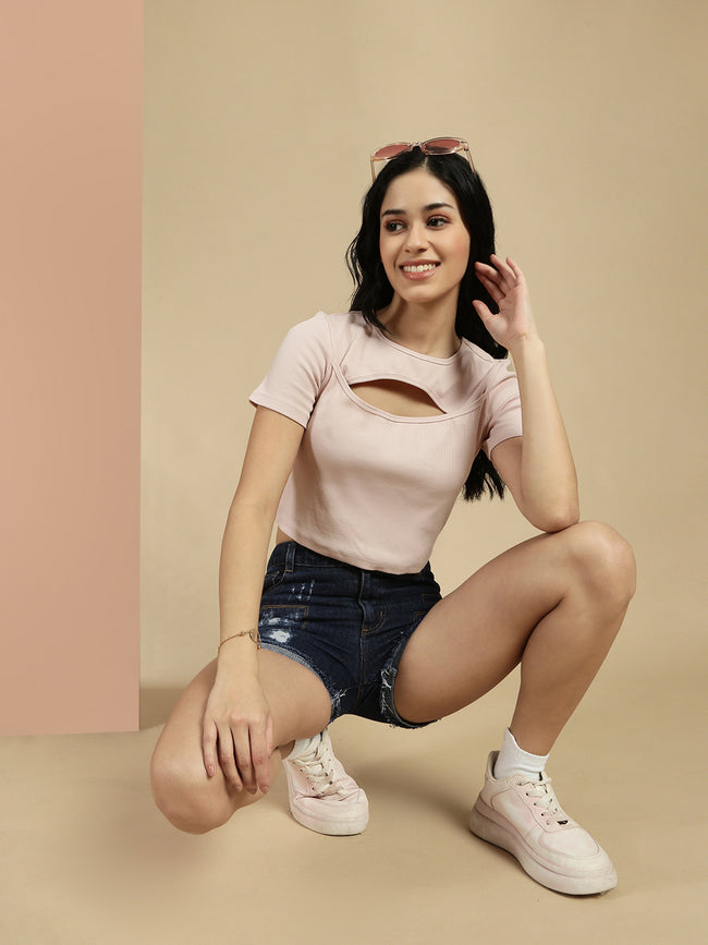 Women Pink Half Sleeve Crop Top