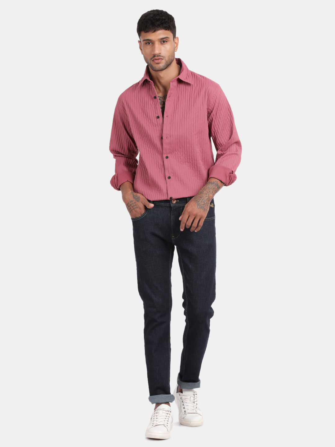 Men Pink Slim Fit Spread Collar Full Sleeve Casual Shirt