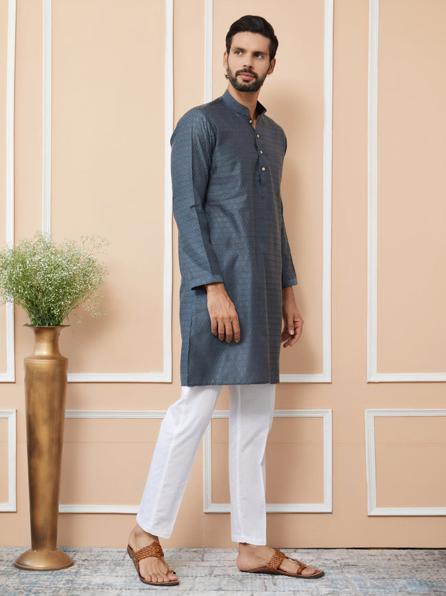 Men Charcoal Ethnic Motifs Silk Jacquard Straight Kurta