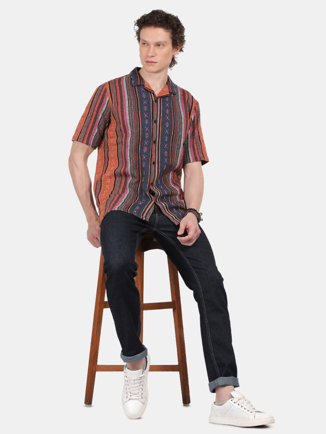 Men Orange Slim Fit Spread Collar Half Sleeve Casual Shirt