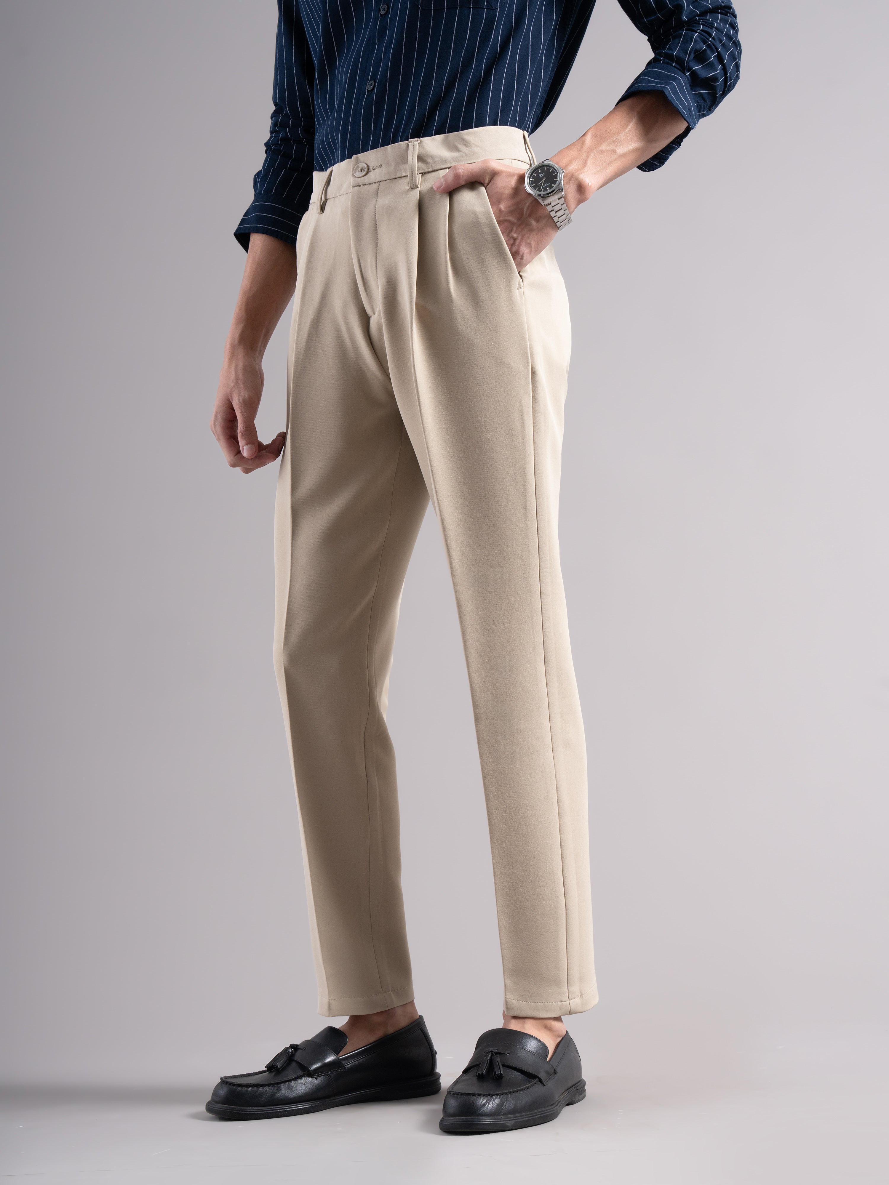 Men Beige Pleated Chinos Trousers