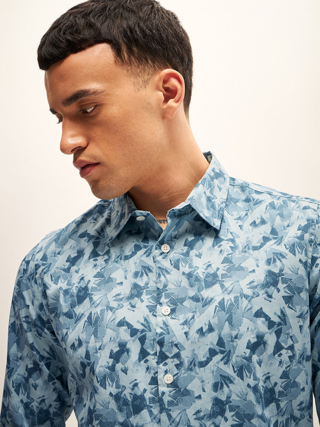 Men Blue Printed Slim Fit Casual Shirt