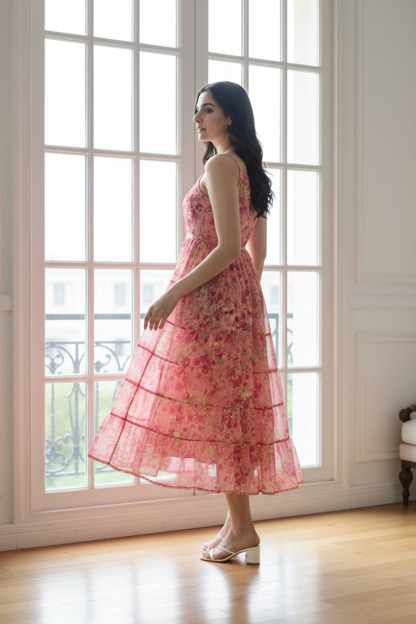 Women Floral Chiffon Midi Dress