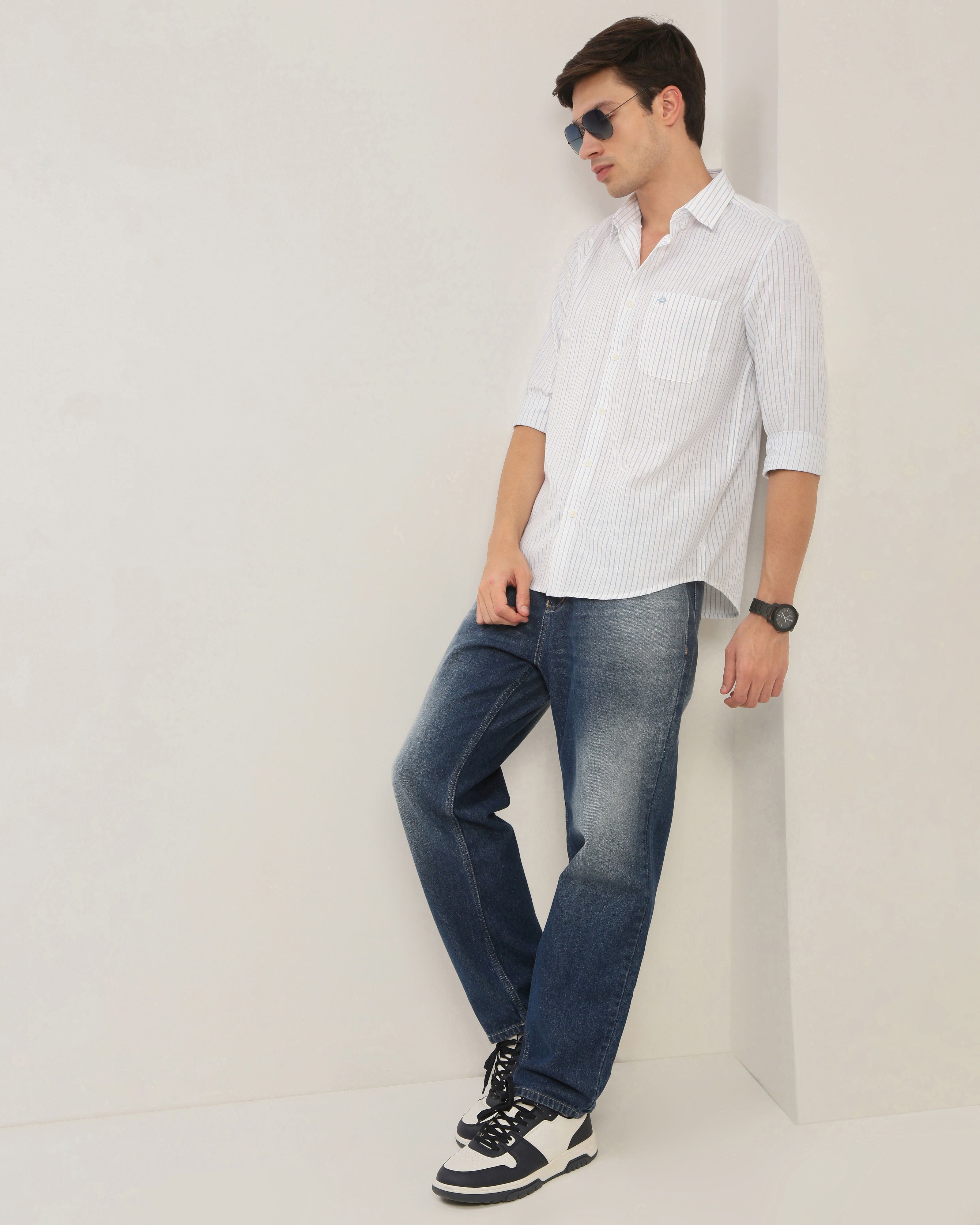 Men White Striped Shirt
